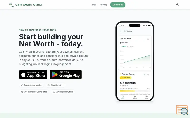 Screenshot of Calm Wealth Journal, a launch using RackForest