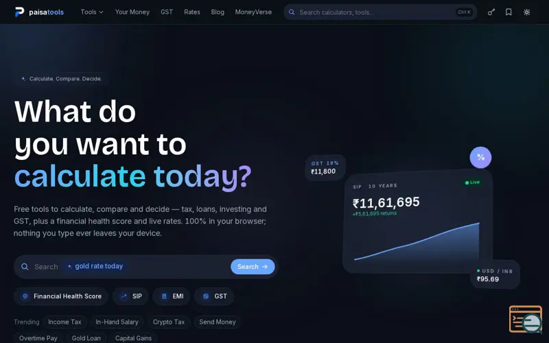 Screenshot of PaisaTools — India's premium financial toolkit