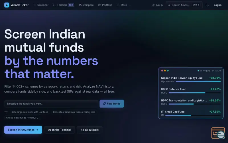 Screenshot of WealthTicker — India Mutual Fund Screener