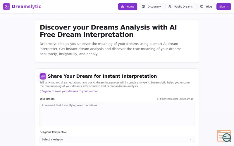 Screenshot of Free Tool for Dream Interpretation