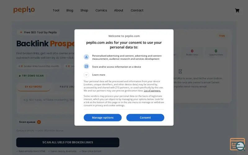 Screenshot of Backlink Prospector by Peplio, a launch using Site Kit by Google