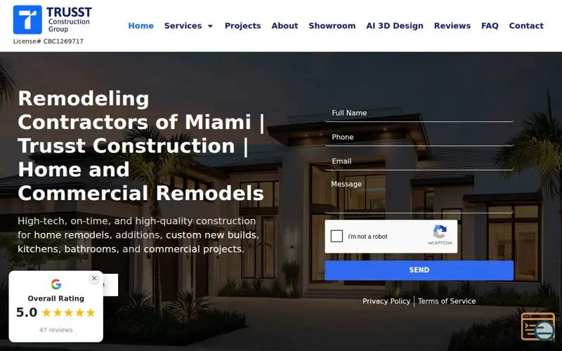 Screenshot of Trusst Construction, a launch using Highclass Reviews Plugin