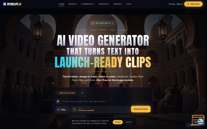 Screenshot of OpenClips.AI — Every AI video model. One place. One prompt.