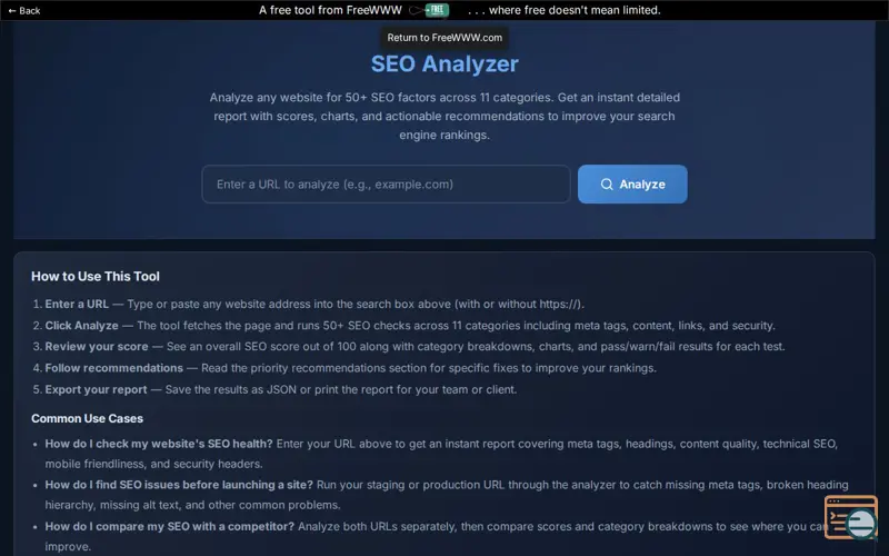 Screenshot of SEO Analyzer on Freewww