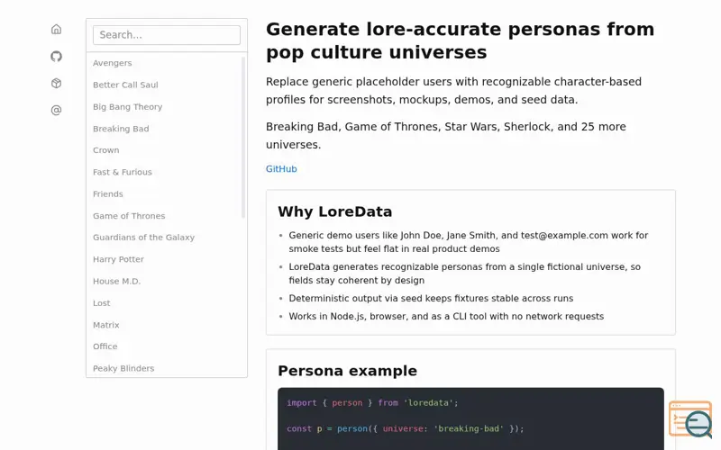 Screenshot of LoreData