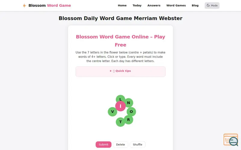 Screenshot of Blossom Daily Word Game Merriam Webster