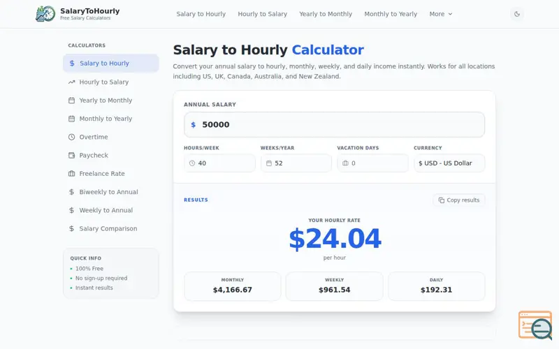 Screenshot of SalaryToHourlyCalculator.net