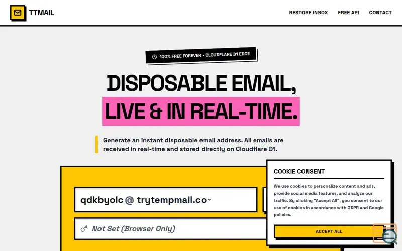 Screenshot of Try Temp Mail — Free Temporary Email & Disposable Email Address