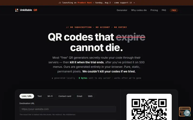 Screenshot of Unkillable QR, a launch using QR Code Styling