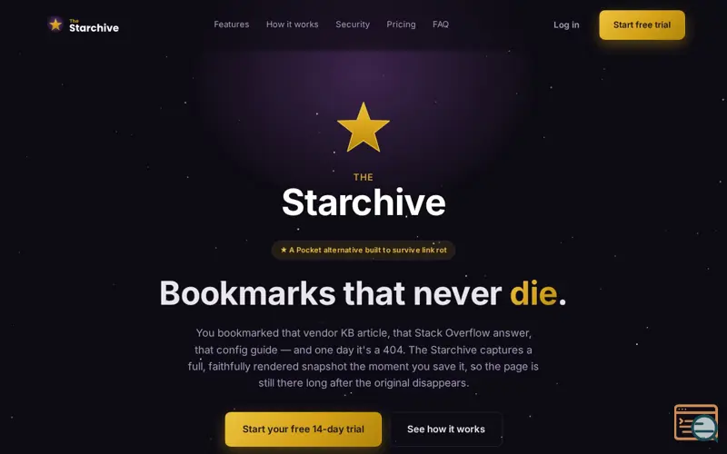 Screenshot of The Starchive — Bookmarks that never die