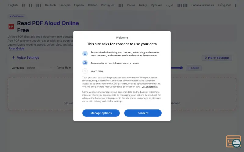 Screenshot of Read PDF Aloud Online Free, a launch using Element Plus