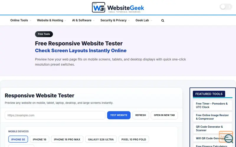 Screenshot of WebsiteGeek | Responsive Website Tester, a launch using Essential Blocks