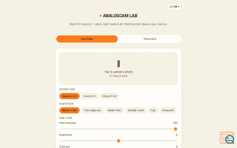 Screenshot of Analogcam Lab — Retro Film Filter & Photo Grid Maker