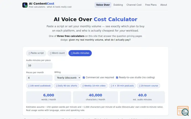 Screenshot of AI Content Cost