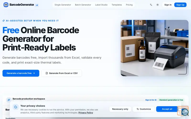Screenshot of Barcode Generator Online for Labels, QR Codes and Batch Printing | BarcodeGenerator.ai
