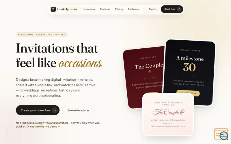 Screenshot of Invitely.co.in — Invitations that feel like occasions
