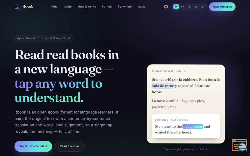 Screenshot of .tbook — the ebook format for language learners