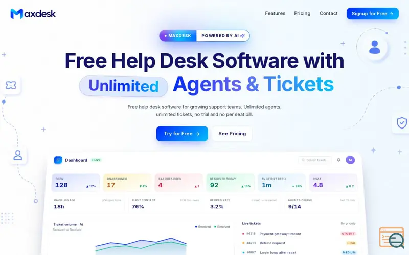 Screenshot of Free Help Desk Software - Unlimited Agents & Tickets | Maxdesk