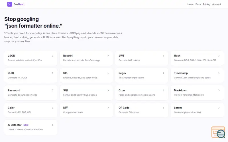 Screenshot of DevDash — Developer Tools, Fast