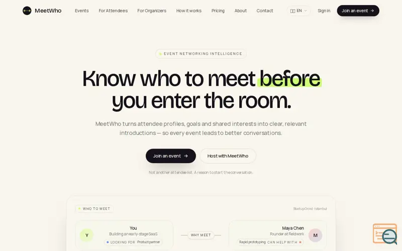 Screenshot of MeetWho — Know who to meet.