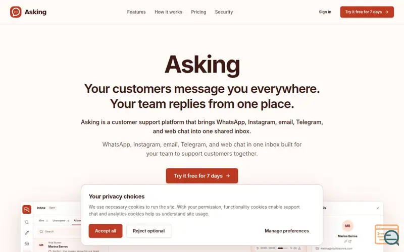 Screenshot of Asking | Customer support for WhatsApp, Instagram, email, and chat