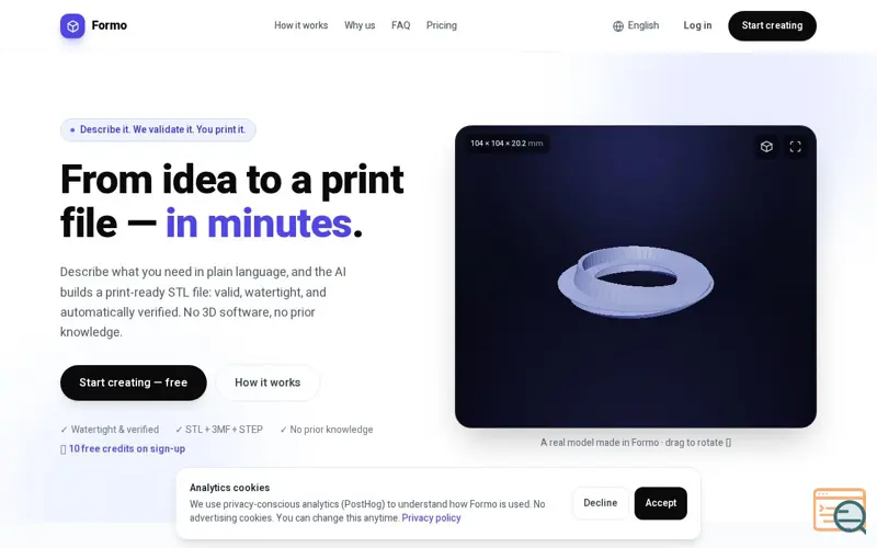 Screenshot of Formo — AI STL Generator, No CAD Required