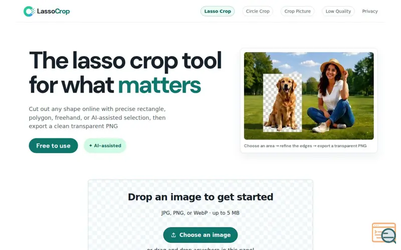 Screenshot of Free Lasso Crop Tool – Cut Out Any Shape Online | LassoCrop, a launch using Neeed