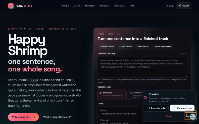 Screenshot of Happy Shrimp AI Music Generator — Turn One Sentence Into a Song
