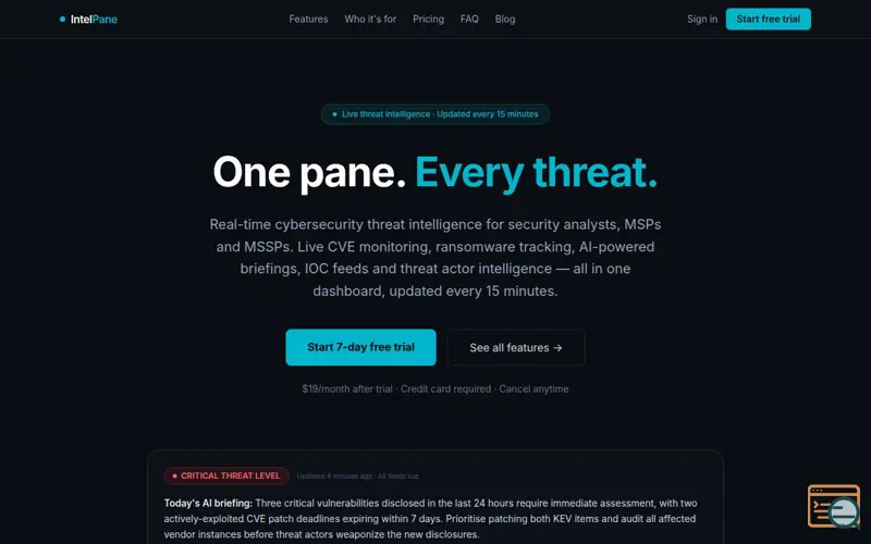 Screenshot of IntelPane, a launch using TLD NS