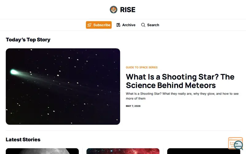 Screenshot of RISE - Space News for Space Nerds, a launch using Birdie