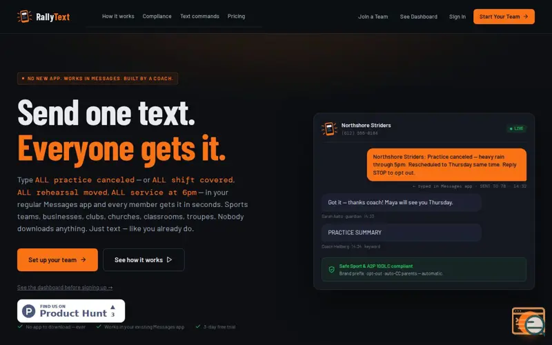 Screenshot of RallyText, a launch using Telnyx