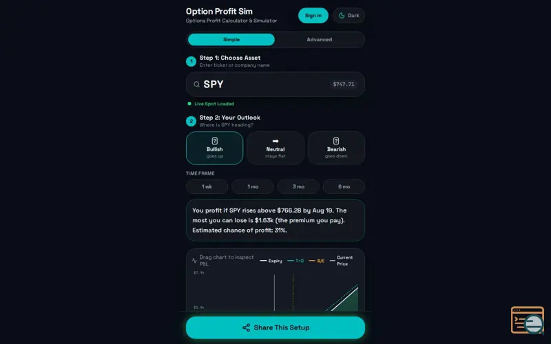 Screenshot of Option Profit Sim