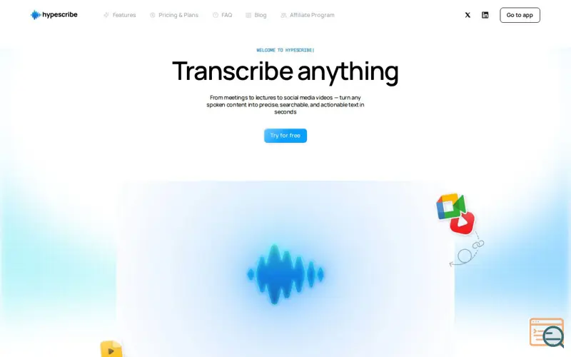 Screenshot of HypeScribe, a launch using Splide