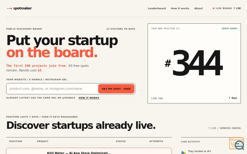 Screenshot of Spotmaker - Put your startup on the board