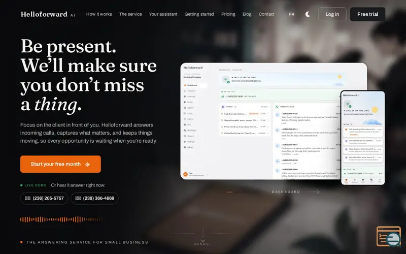 Screenshot of Helloforward: the answering service for small business