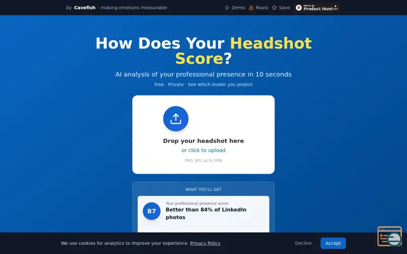 Screenshot of Headshot Photo Score by Cavefish, a launch using Vercel DNS