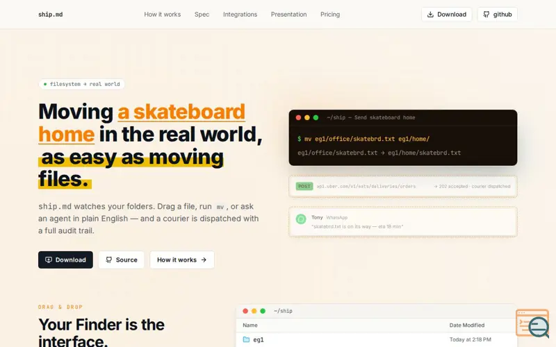 Screenshot of ship.md — Moving things in the real world, as easy as moving files