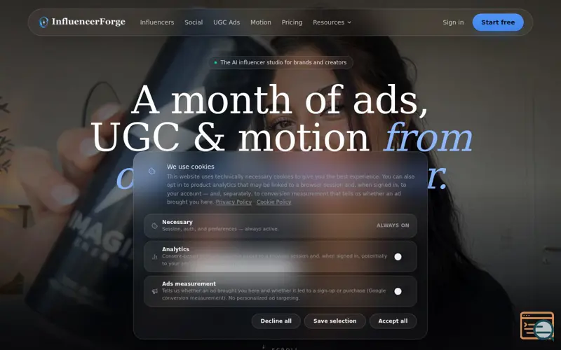 Screenshot of InfluencerForge.app — AI Influencer & UGC Ad Studio for Brands