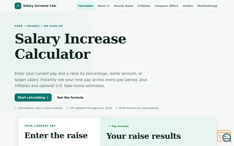 Screenshot of Salary Increase Calculator: New Pay & Raise % (2026)