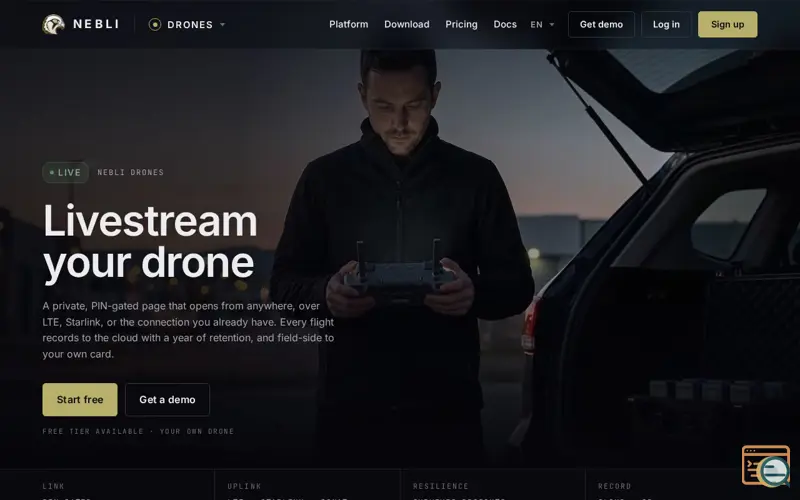 Screenshot of Nebli · Livestream your drone over any network, a launch using Attio
