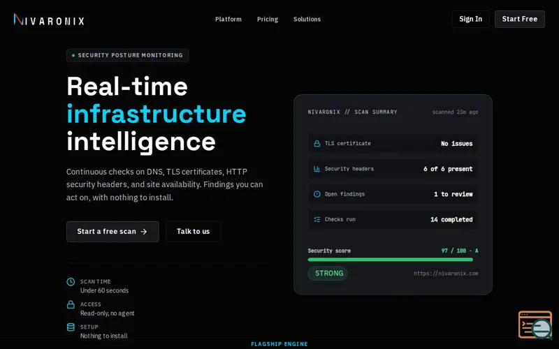 Screenshot of Nivaronix | Secure Infrastructure Visibility Platform, a launch using WebMCP