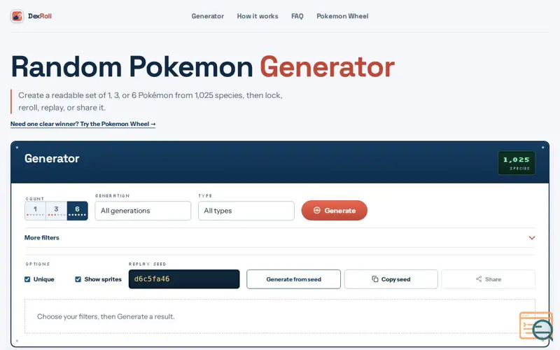 Screenshot of Random Pokemon Generator – Region, Type & Seed Filters