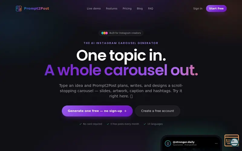 Screenshot of Prompt2Post – AI Instagram Carousel Generator & Content Studio