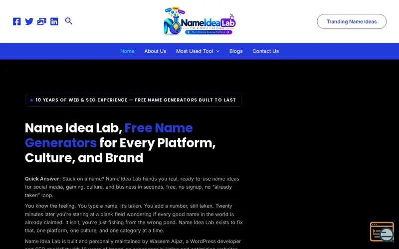 Screenshot of Name Idea Lab, a launch using WebGL Fluid Simulation