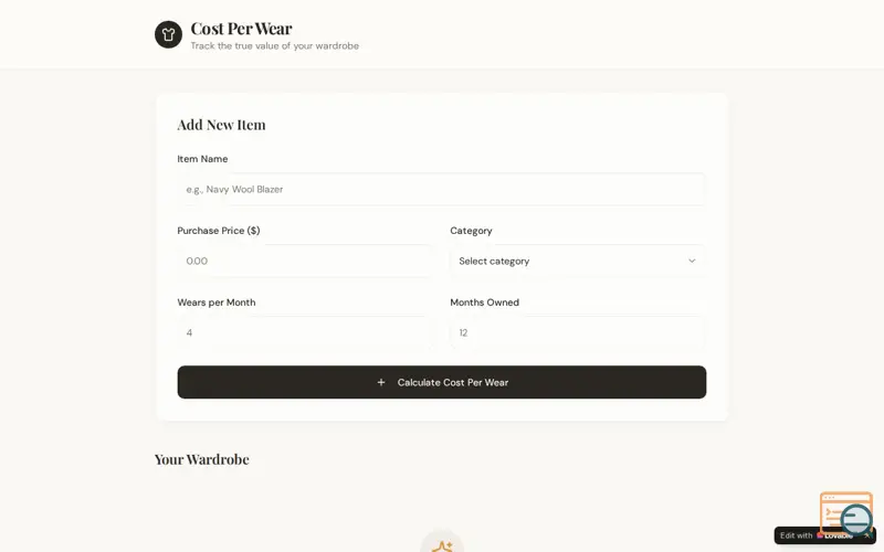 Screenshot of CostPerWear