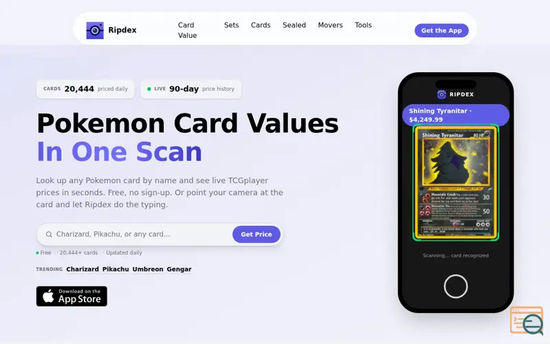 Screenshot of Ripdex, a launch using Pokémon TCG API