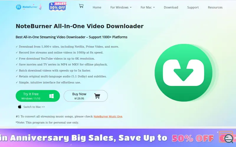 Screenshot of NoteBurner All-In-One Video Downloader