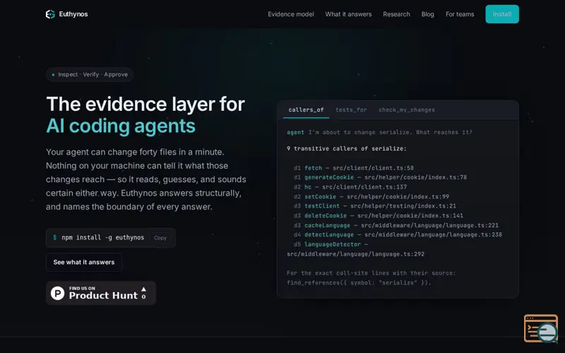 Screenshot of Euthynos — The evidence layer for AI coding agents