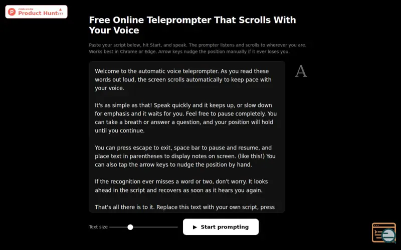 Screenshot of Free Online Automatic Teleprompter