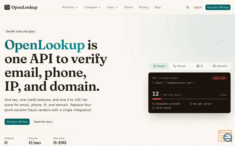 Screenshot of Email, Phone, IP & Domain Risk API | OpenLookup